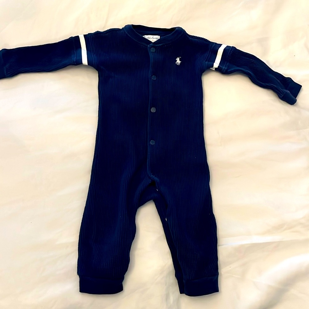 Ralph Lauren Baby Navy Blue w/ Striped Sleeve Detail Thermal Bodysuit